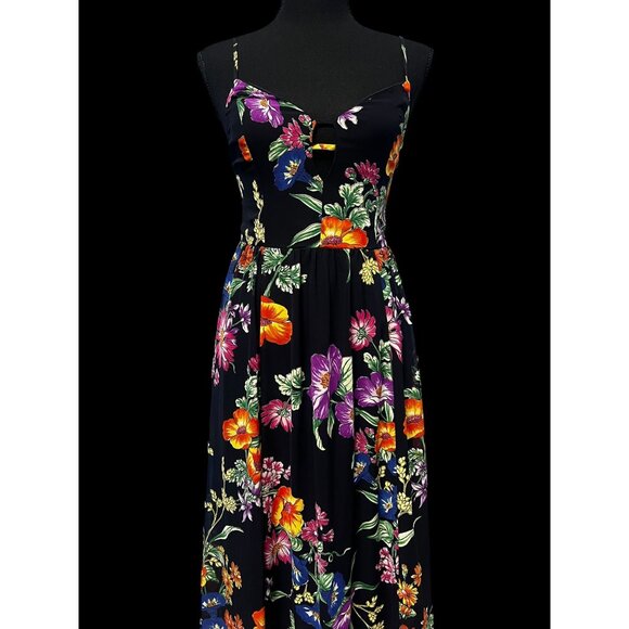 EXPRESS Floral Maxi Dress WOMEN Black Multicolor XS Cutout Front Spaghetti Strap - Picture 1 of 8